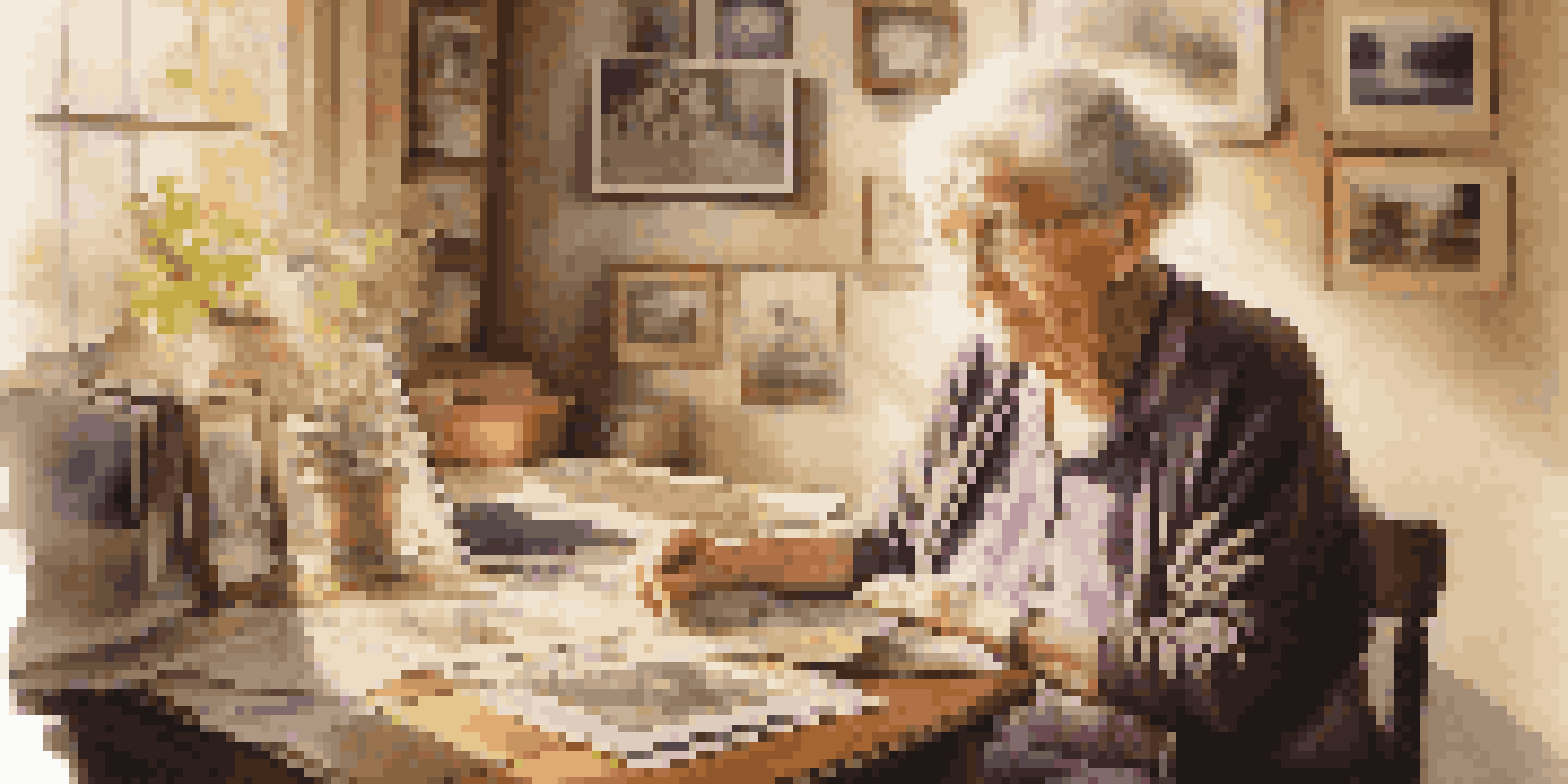 An elderly woman joyfully exploring her family history at a table filled with photographs and a laptop, illuminated by soft sunlight.