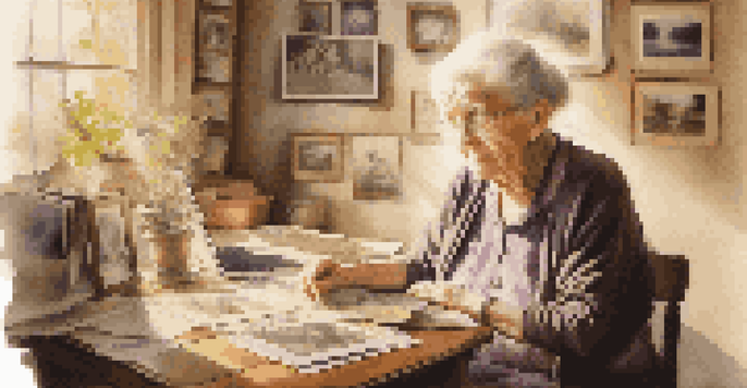 An elderly woman joyfully exploring her family history at a table filled with photographs and a laptop, illuminated by soft sunlight.