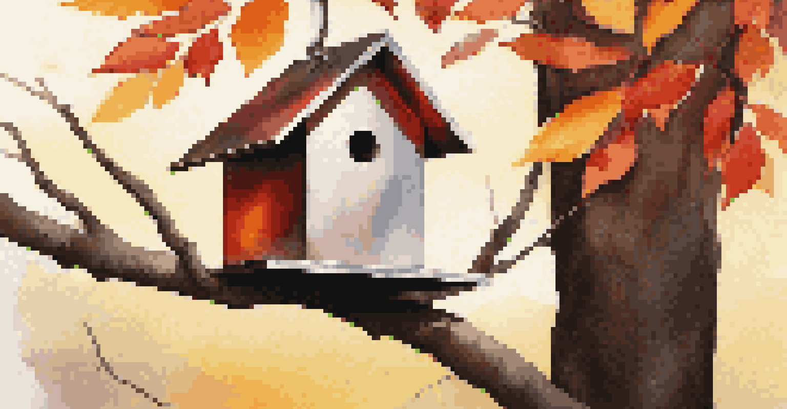 A modern metal birdhouse hanging on a tree branch surrounded by autumn leaves.