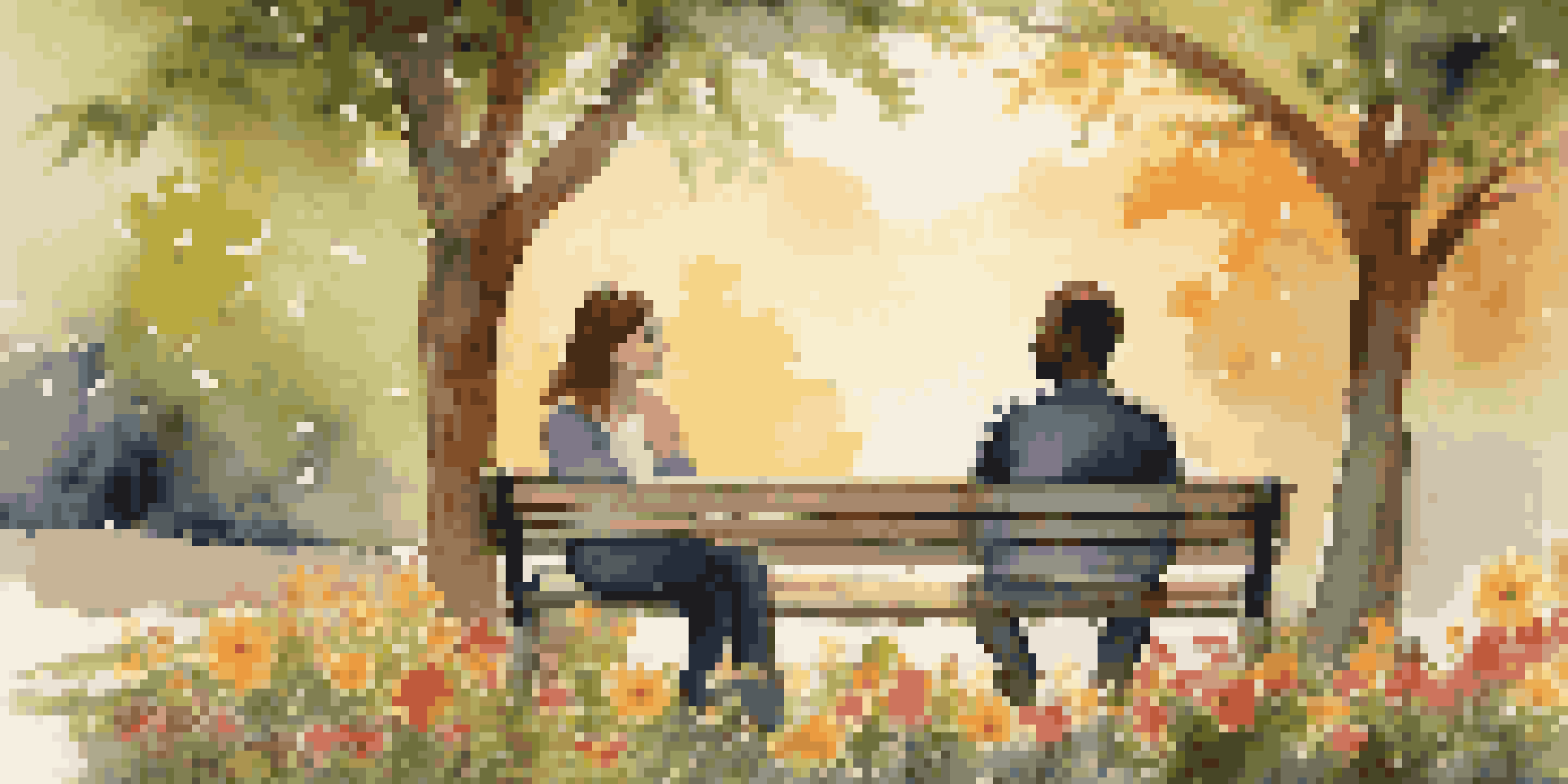 Two people sitting on a park bench, having a deep conversation with warm sunlight illuminating the scene.