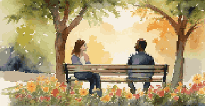 Two people sitting on a park bench, having a deep conversation with warm sunlight illuminating the scene.