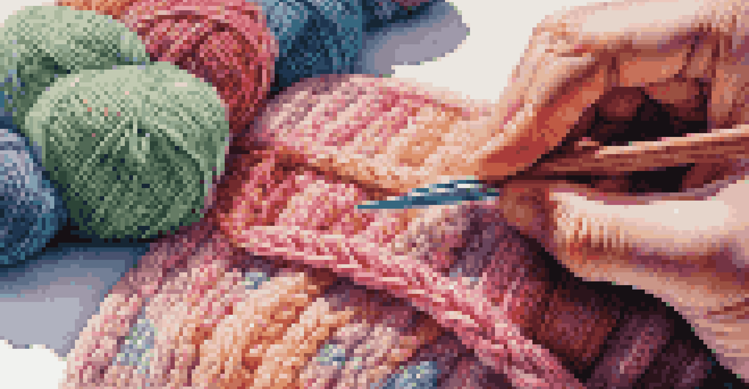 Close-up of hands blending knitting and crocheting techniques with colorful yarn.