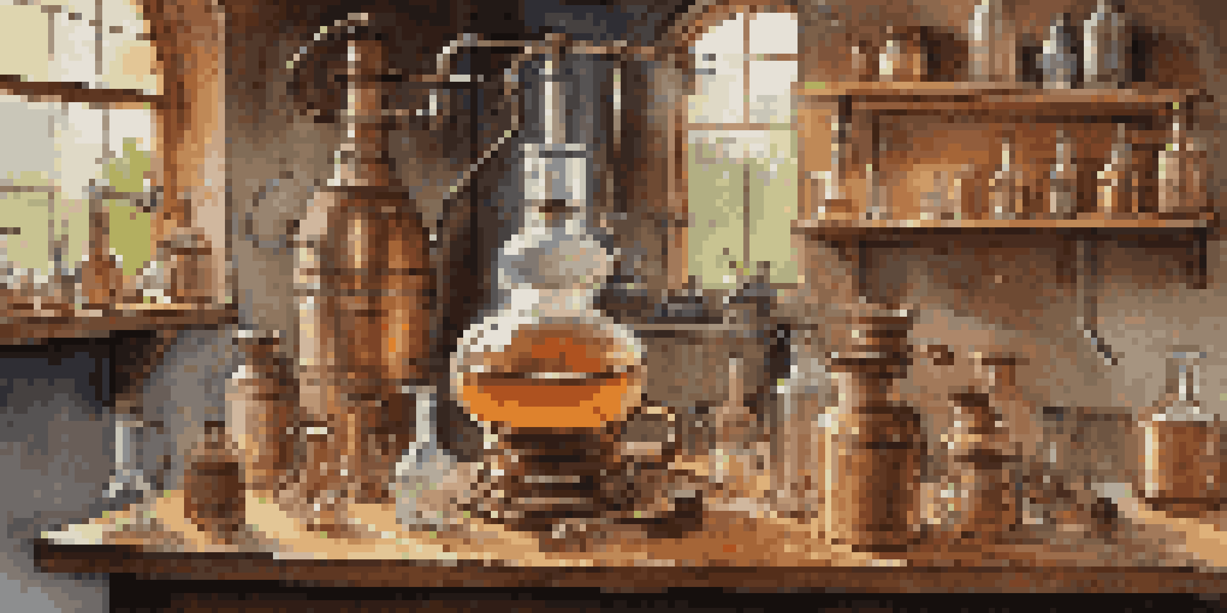 A copper pot still used for home distillation, with glass containers and measurement tools like hydrometers and thermometers, set on a rustic wooden table.