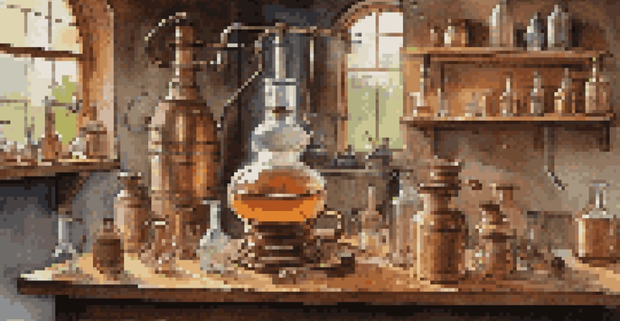 A copper pot still used for home distillation, with glass containers and measurement tools like hydrometers and thermometers, set on a rustic wooden table.