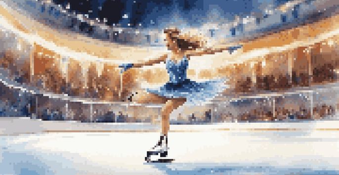A female ice skater performing a jump in a brightly lit rink, with a cheering audience in the background.