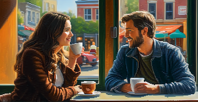 Two characters talking in a café, one looking relaxed and the other fidgeting with a coffee cup, with warm light filtering in from the window.