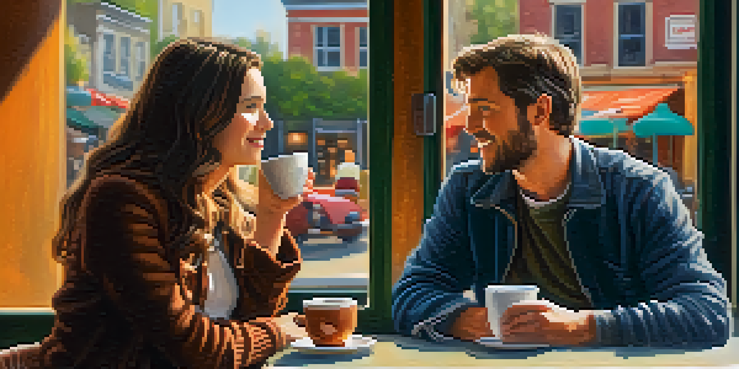 Two characters talking in a café, one looking relaxed and the other fidgeting with a coffee cup, with warm light filtering in from the window.