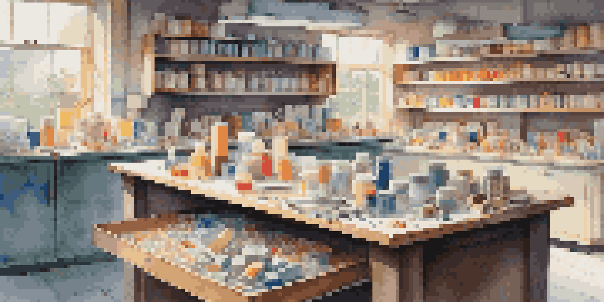 An organized soap sculpting workspace with tools, colorful soap blocks, and a first aid kit.