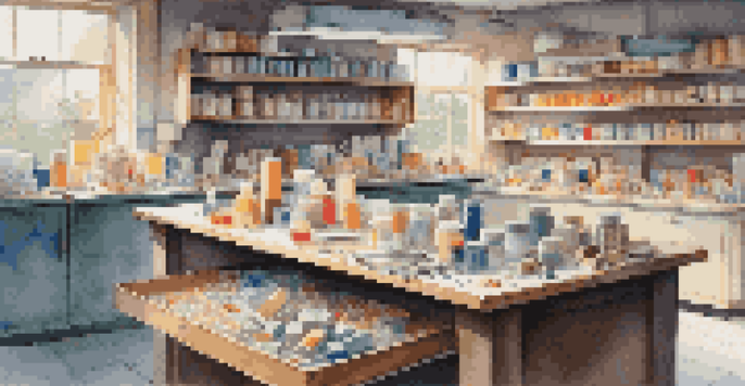 An organized soap sculpting workspace with tools, colorful soap blocks, and a first aid kit.