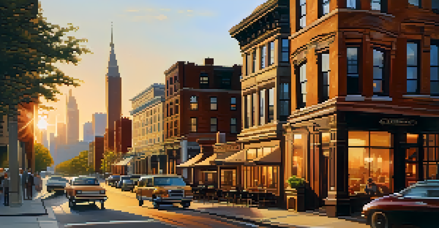 A city skyline showcasing a mix of historic and modern architecture during sunset.