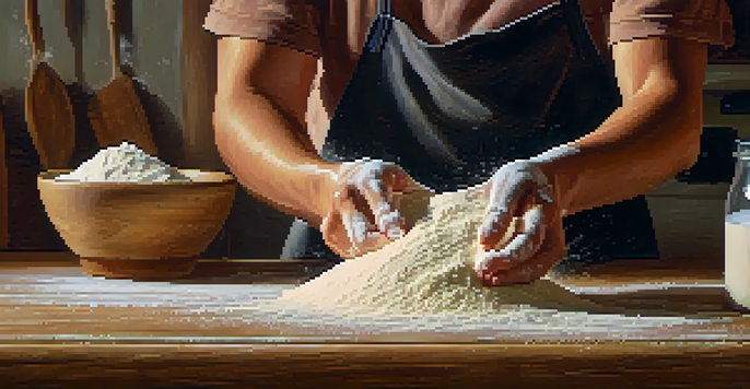A baker kneading dough on a wooden countertop in a warm kitchen, with flour scattered and a loaf of bread cooling in the background.
