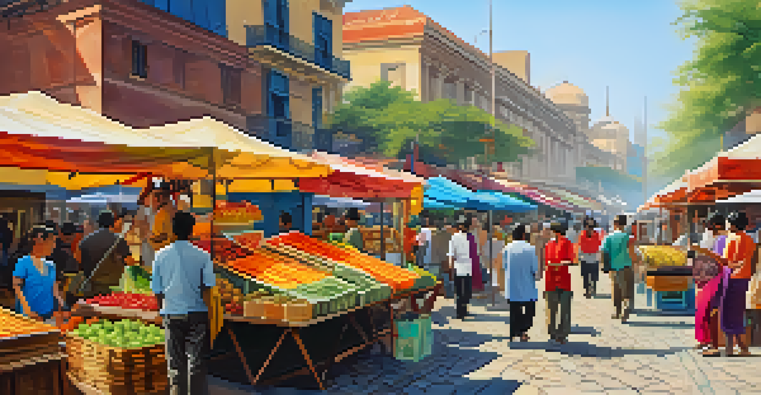 A lively street market filled with colorful stalls, people interacting, and vibrant decorations.