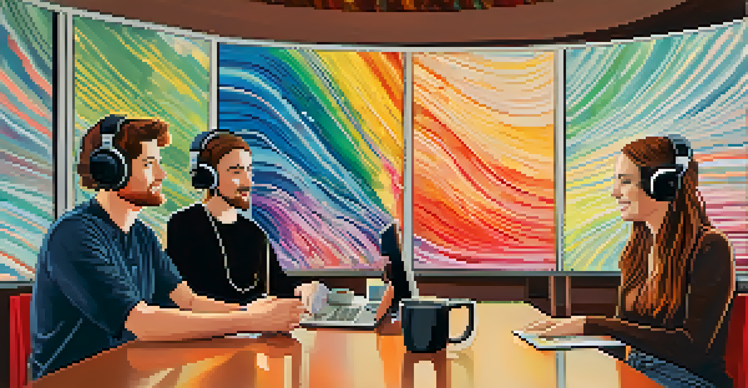 Two podcast hosts engaged in an interview at a round table, with microphones, laptops, and colorful sound waves displayed in the background.