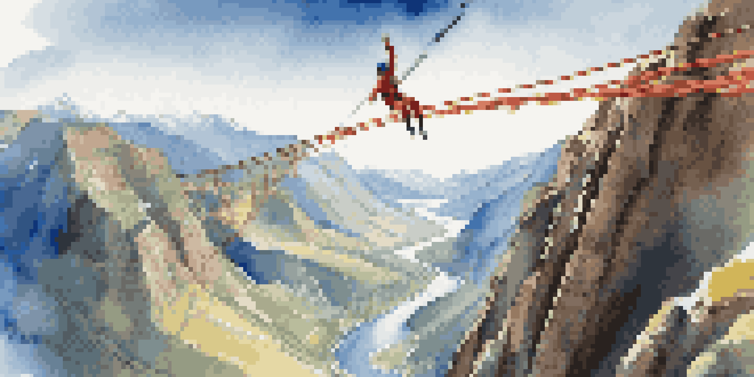 A bungee jumper in mid-air, with mountains and a river in the background, under a bright blue sky.