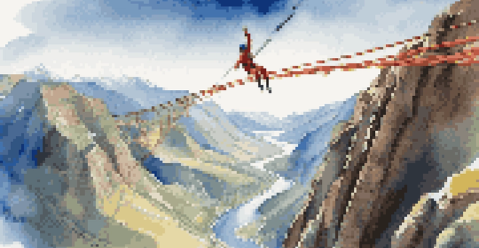 A bungee jumper in mid-air, with mountains and a river in the background, under a bright blue sky.