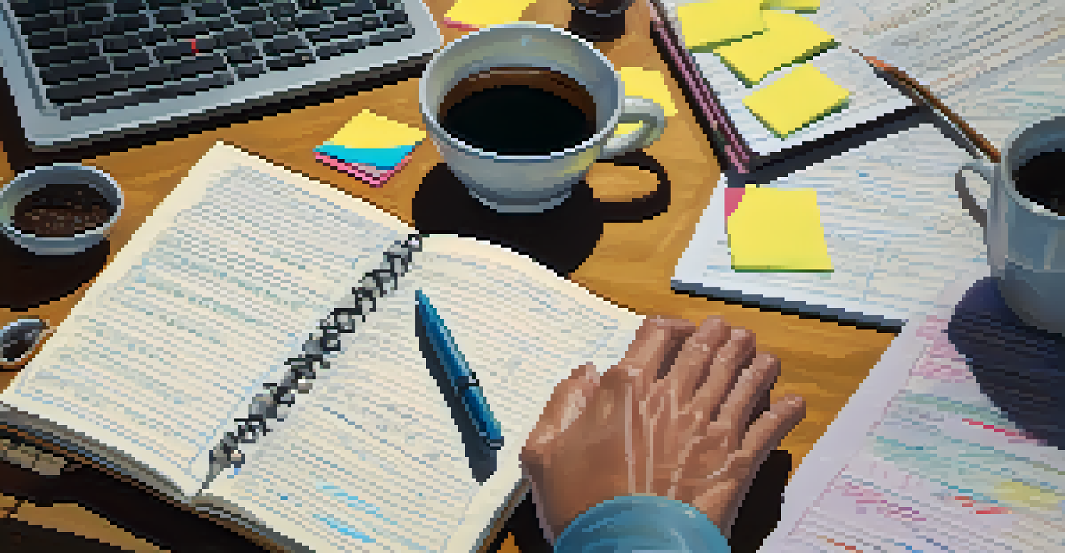 Close-up of a researcher taking notes in a notebook with sticky notes and a laptop on a cluttered desk filled with historical documents.