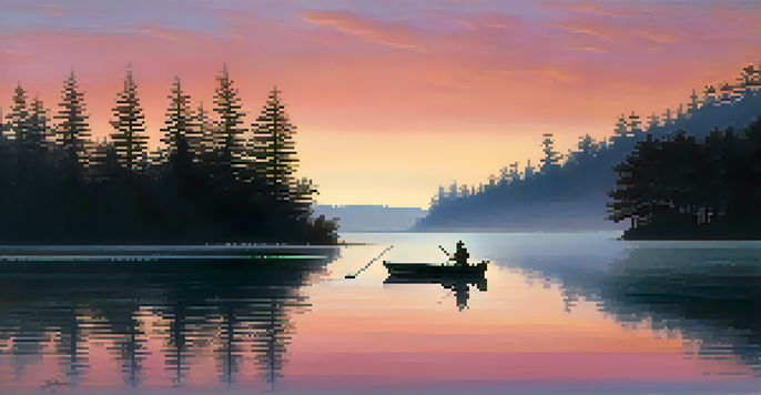 A peaceful lake at dawn with mist, trees in silhouette, and a fisherman in a small boat casting a line.
