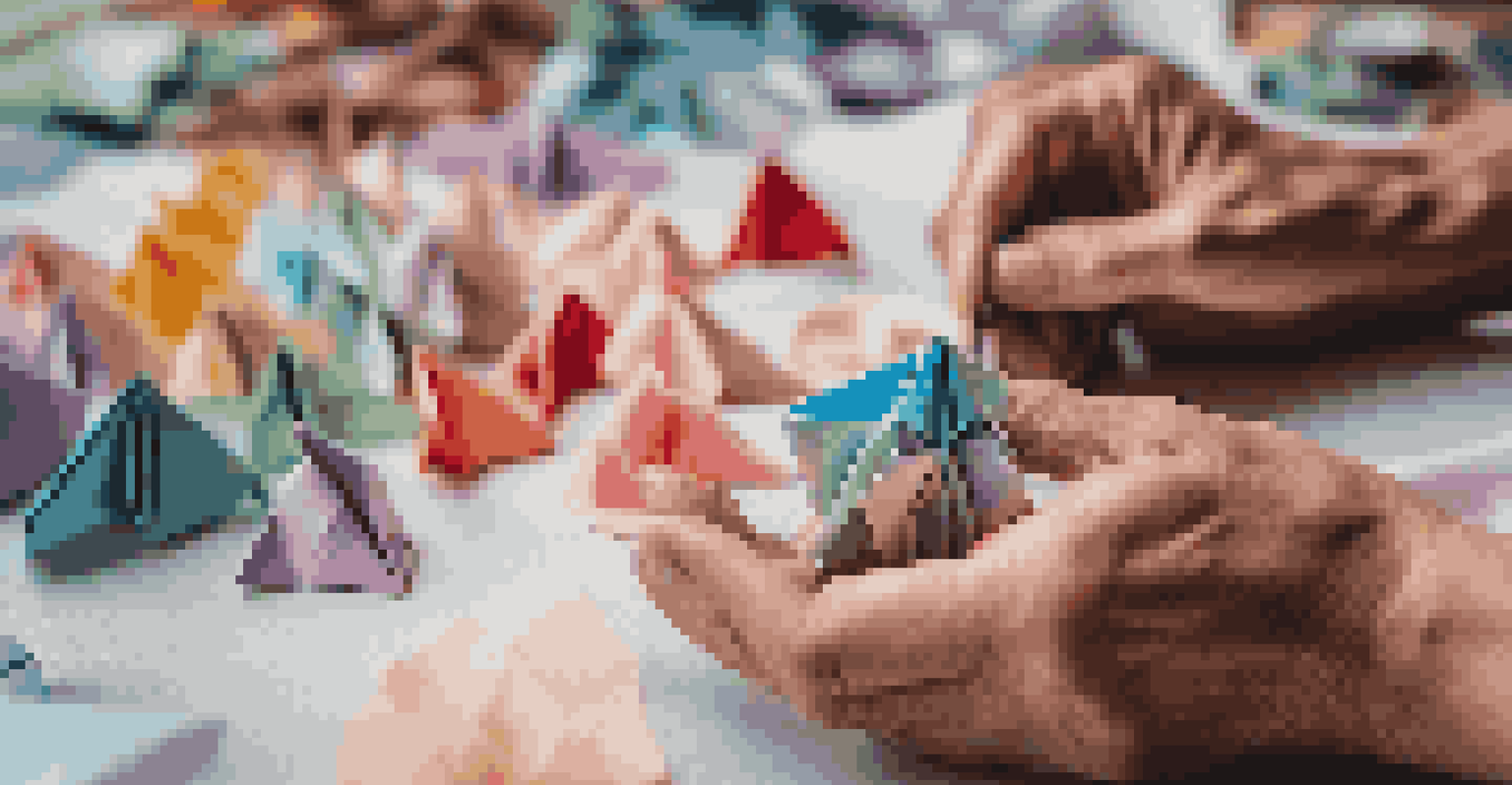 A close-up of an artist's hands folding origami paper, with colorful origami pieces in the background, showcasing the textures and details of the craft.
