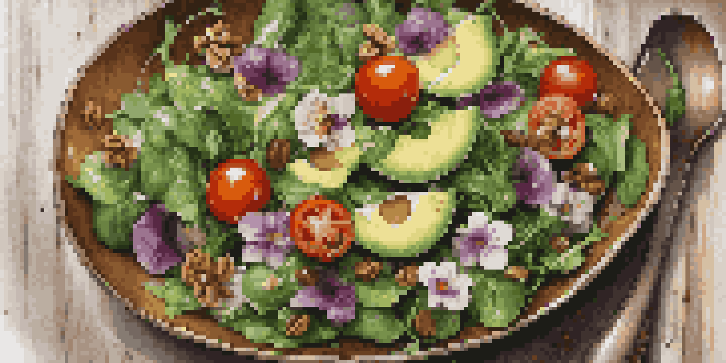 A colorful gourmet salad with greens, cherry tomatoes, avocado, walnuts, and edible flowers in a shallow bowl.