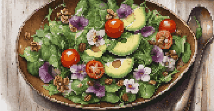 A colorful gourmet salad with greens, cherry tomatoes, avocado, walnuts, and edible flowers in a shallow bowl.