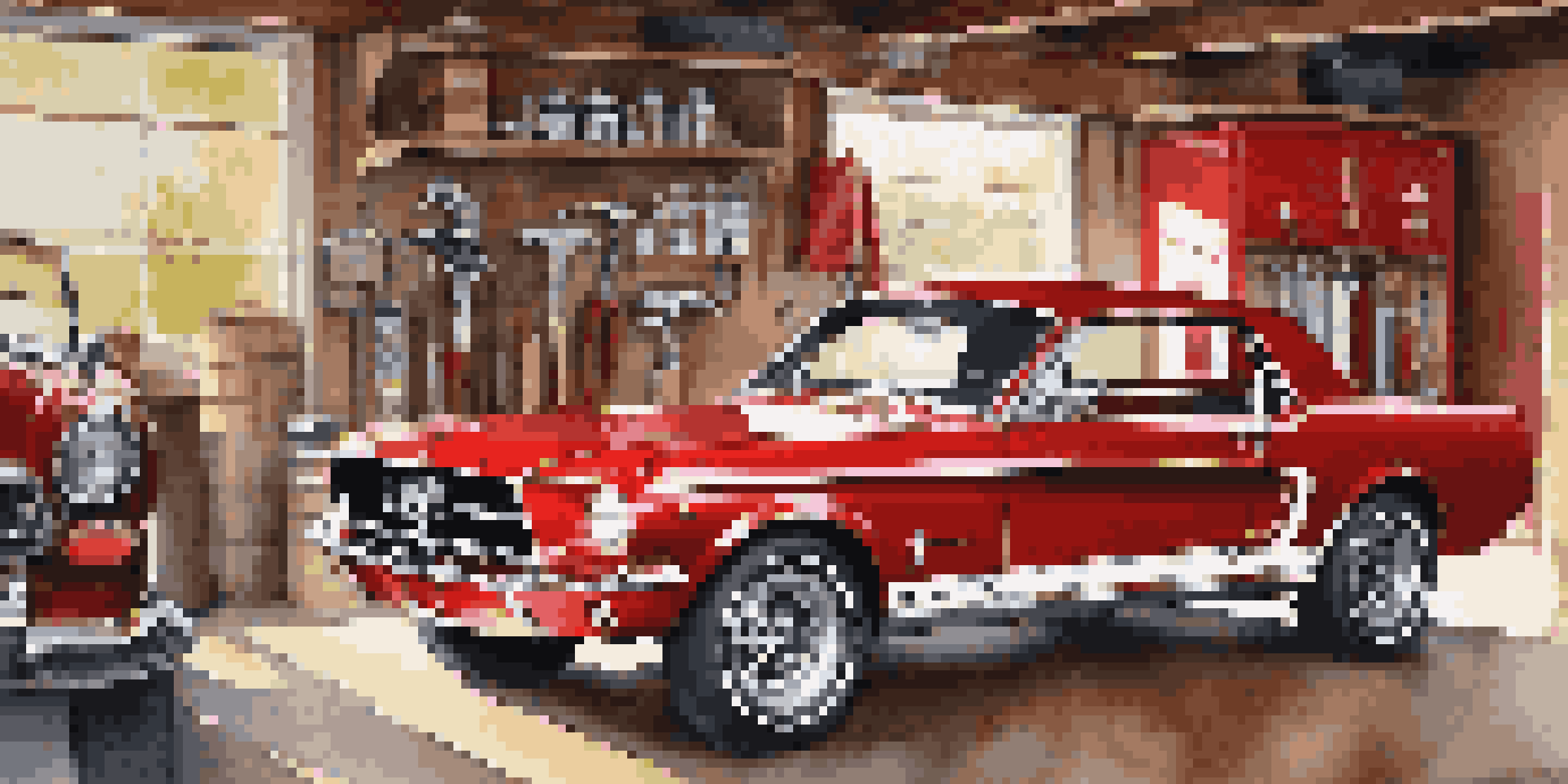 A restored 1967 Mustang in a vintage garage with car memorabilia and tools.