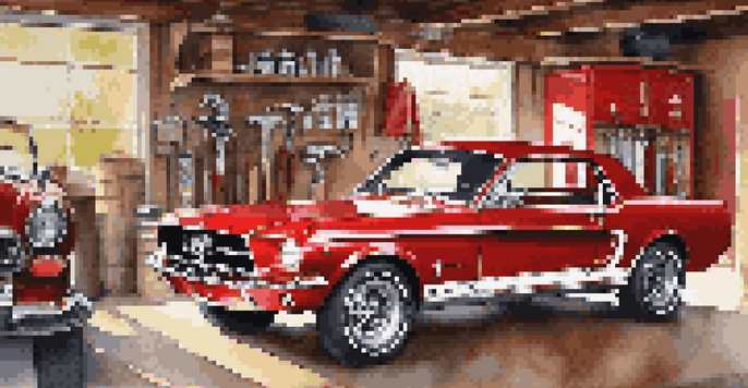 A restored 1967 Mustang in a vintage garage with car memorabilia and tools.