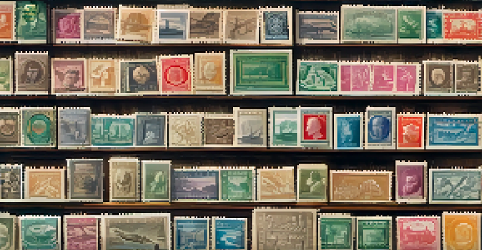 A close-up view of a vintage stamp collection in a wooden album, displaying colorful stamps with intricate designs.