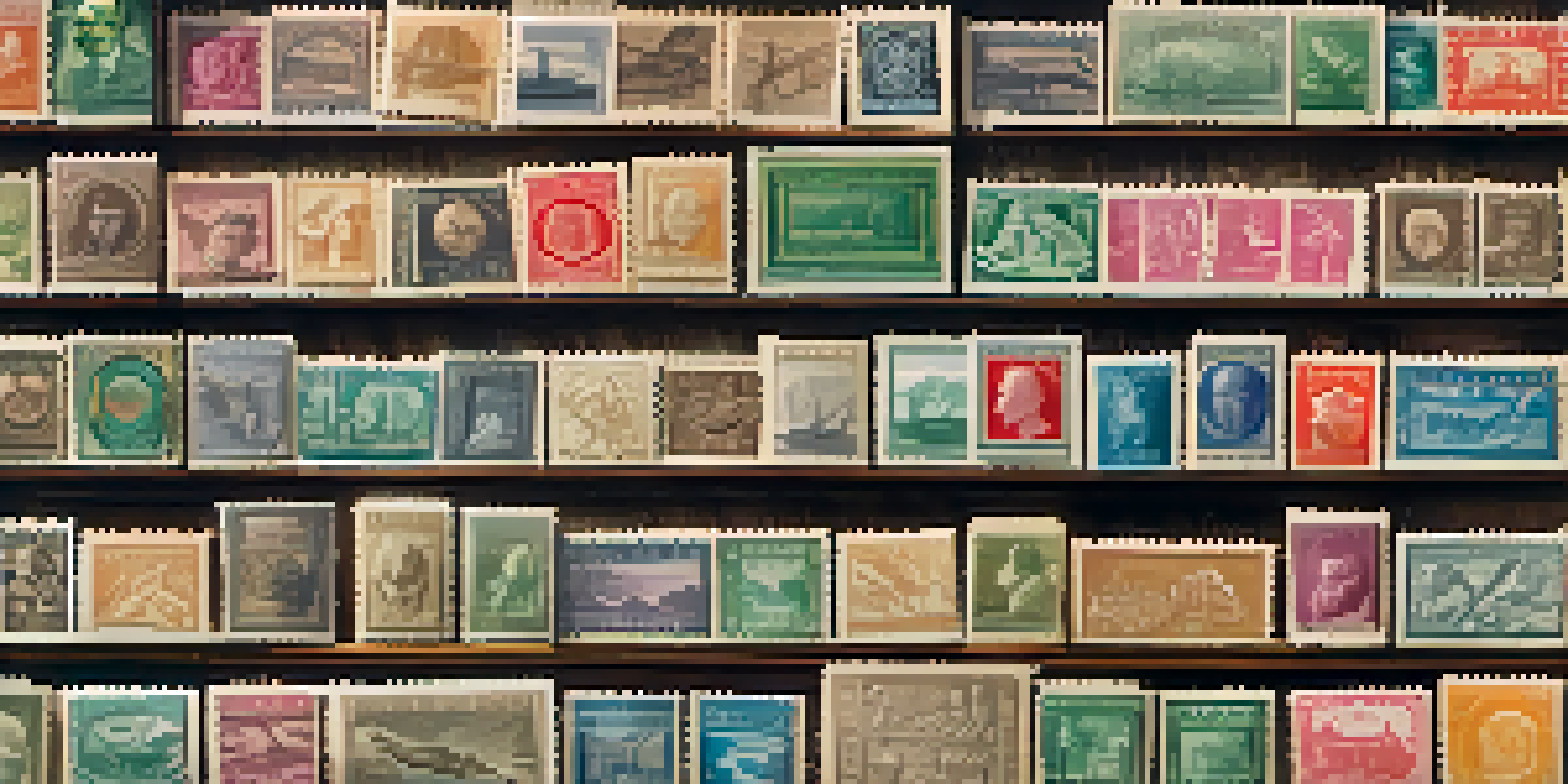 A close-up view of a vintage stamp collection in a wooden album, displaying colorful stamps with intricate designs.