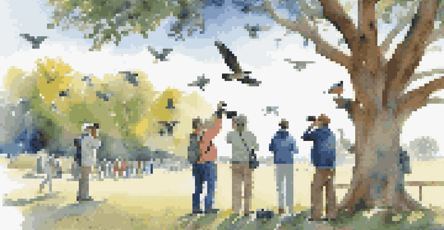 A diverse group of birdwatchers in a park, observing birds with binoculars and cameras.