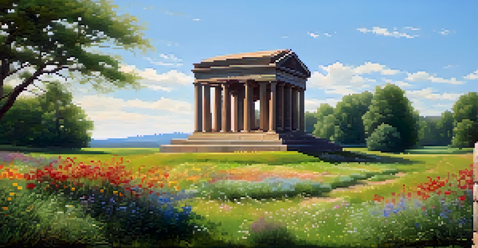 A peaceful historical landscape featuring a stone monument surrounded by colorful wildflowers under a clear blue sky.