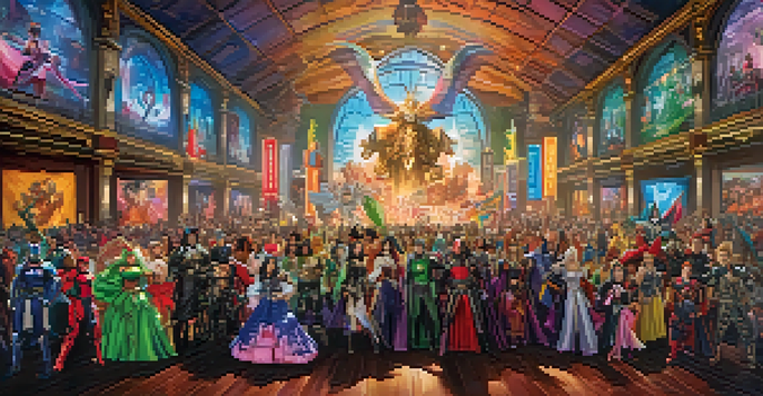 A lively cosplay competition with participants in elaborate costumes, set in a convention hall filled with spectators and colorful decorations.