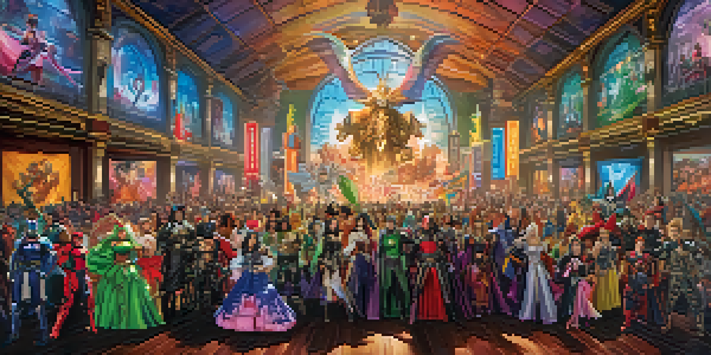 A lively cosplay competition with participants in elaborate costumes, set in a convention hall filled with spectators and colorful decorations.
