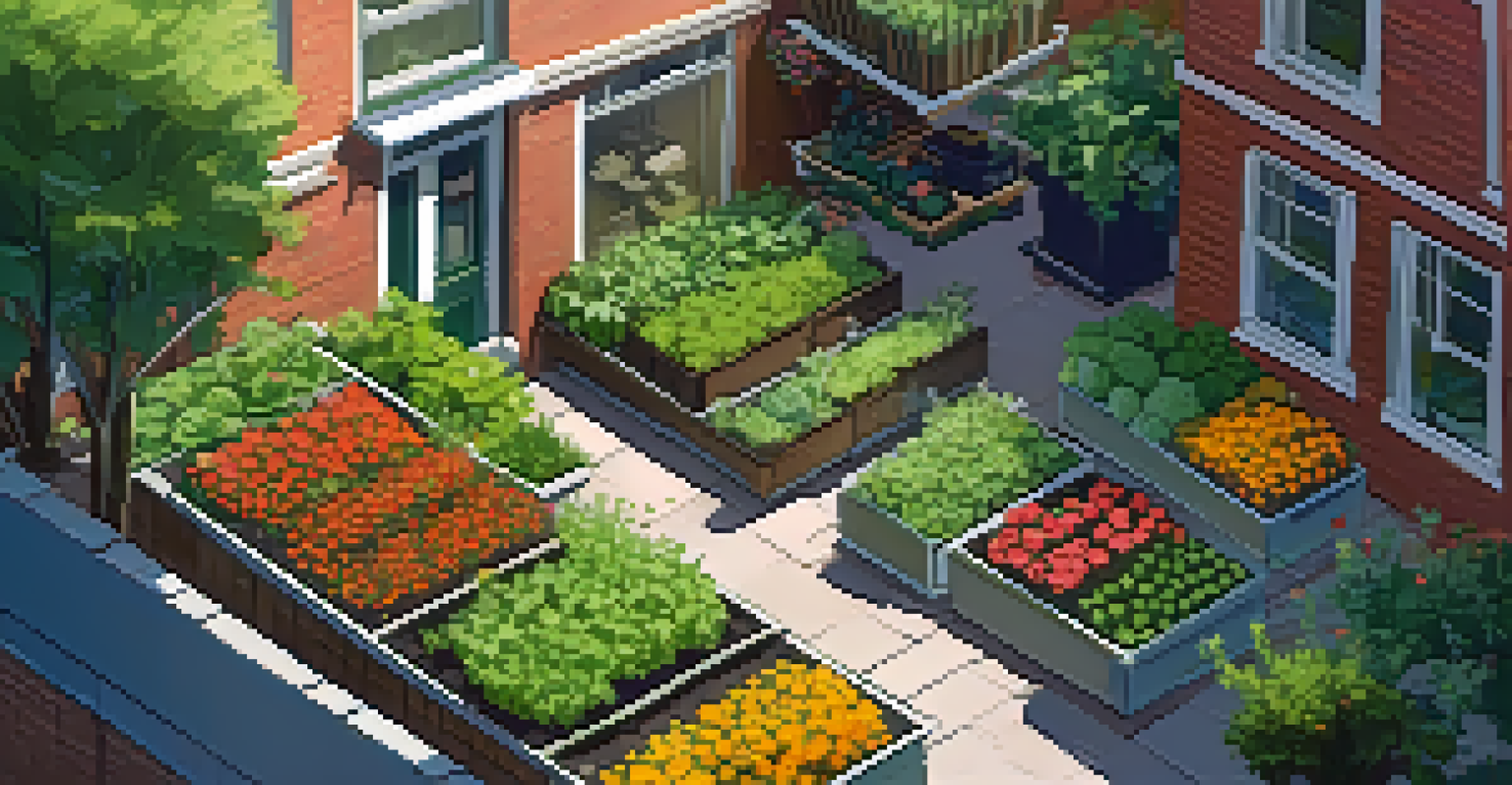 An aerial view of a small urban garden with vertical planters and colorful flowers, showcasing healthy vegetables and pest management.