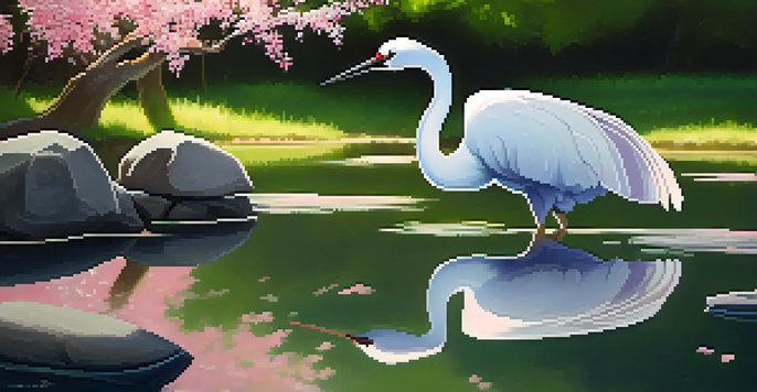 An origami crane on a stone by a pond with cherry blossom trees in the background, illuminated by soft sunlight.