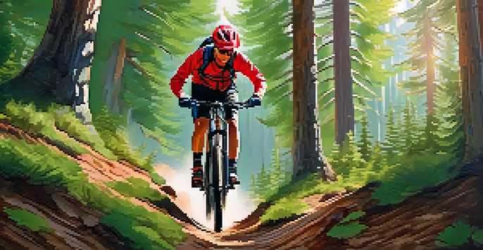A mountain biker in protective gear riding on a rocky trail through a forest of tall pine trees, with sunlight filtering through the leaves.