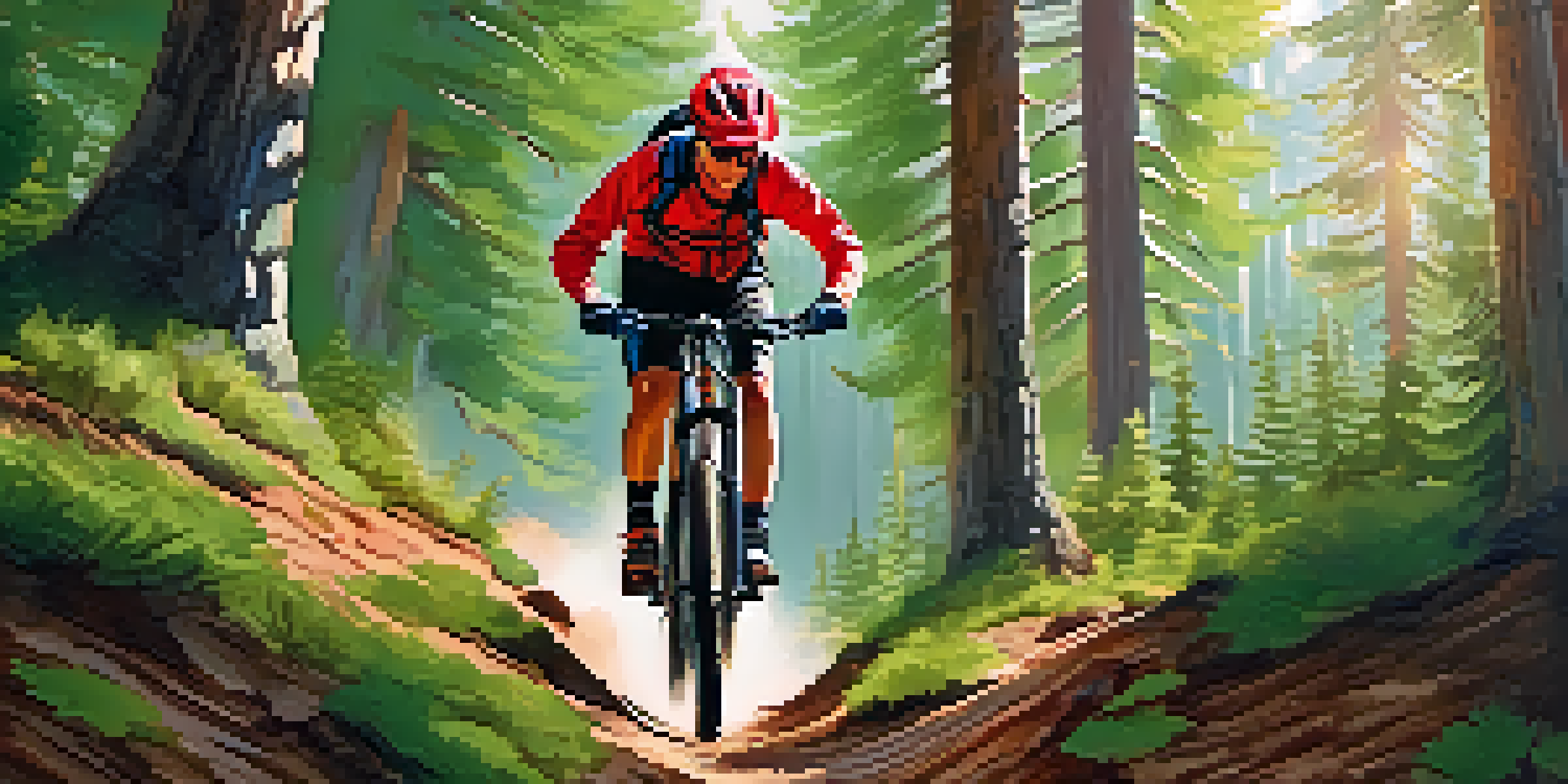 A mountain biker in protective gear riding on a rocky trail through a forest of tall pine trees, with sunlight filtering through the leaves.