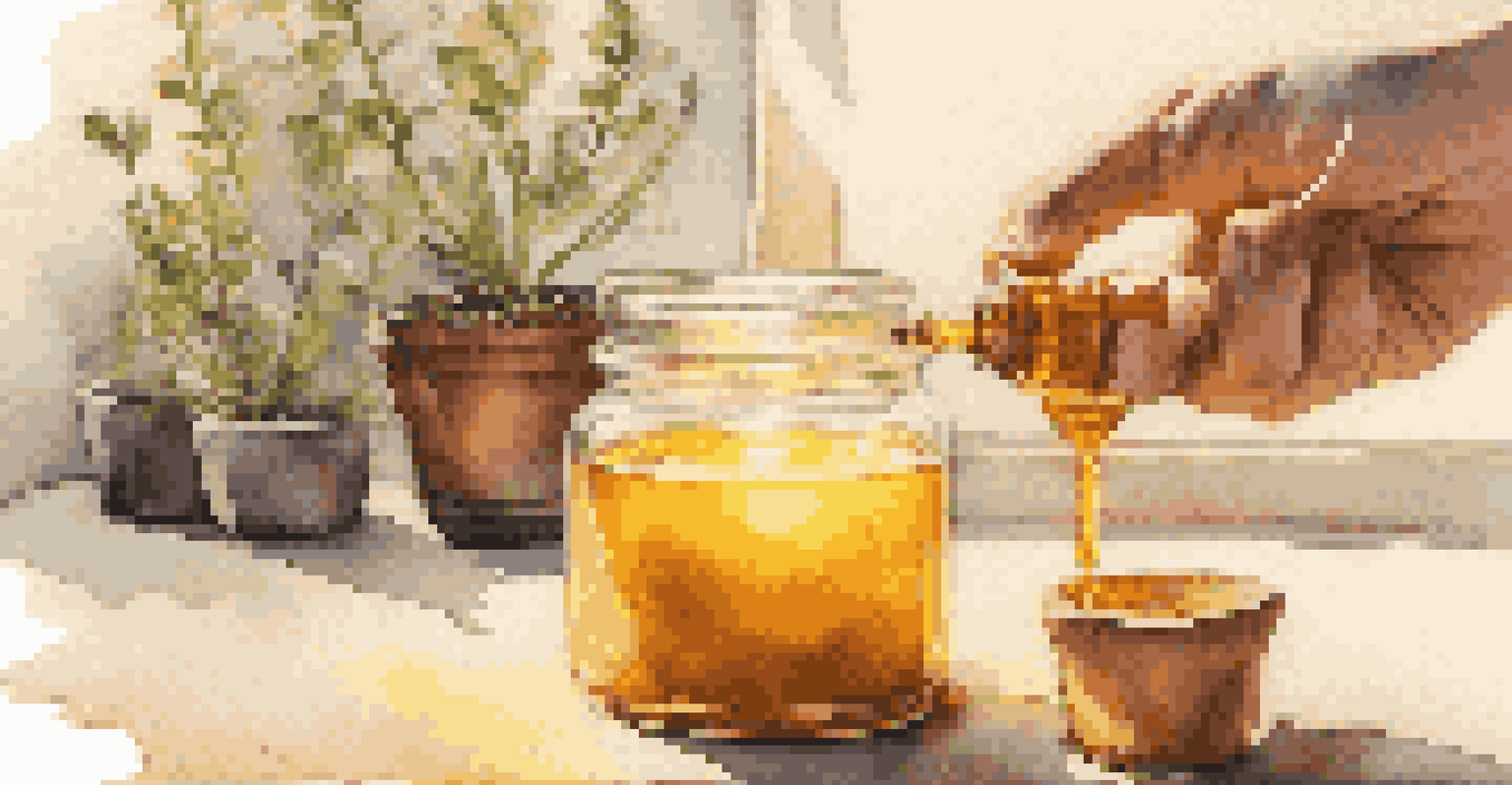 A close-up of hands pouring melted beeswax into a jar, with a centered wick, surrounded by essential oils and plants under natural sunlight.