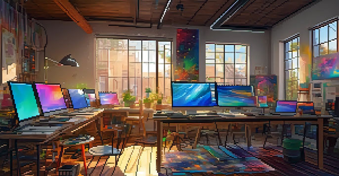 A digital art studio showcasing colorful generative art on computer screens, with paint and brushes on a table and sunlight streaming through windows.