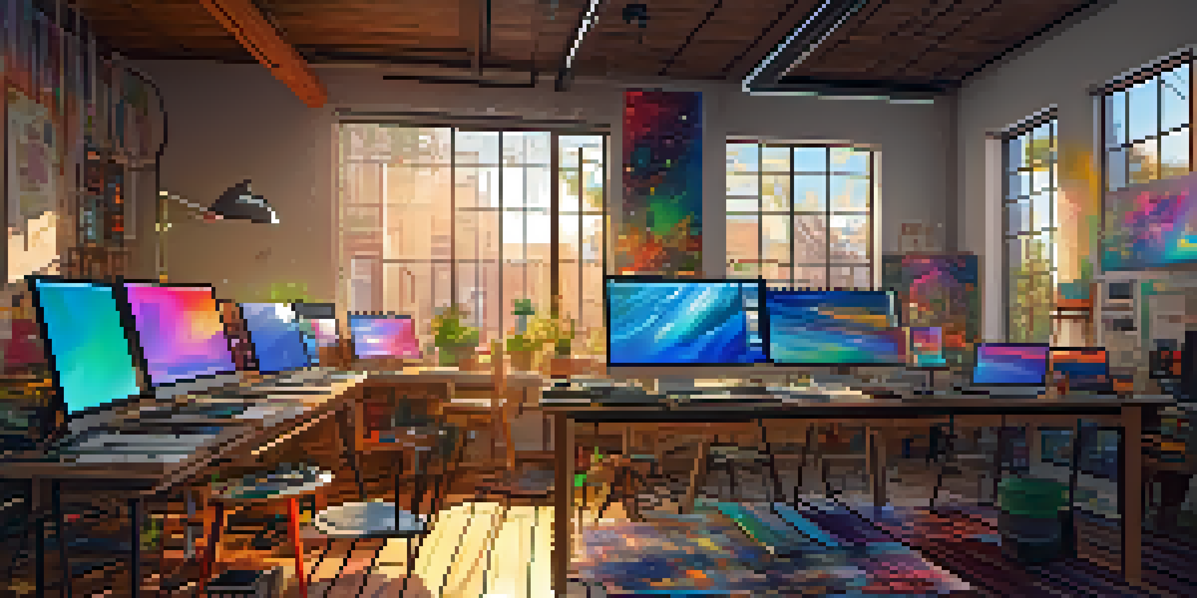 A digital art studio showcasing colorful generative art on computer screens, with paint and brushes on a table and sunlight streaming through windows.