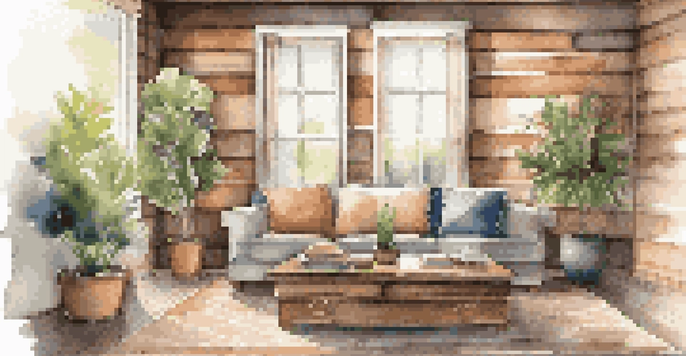 A warm and inviting living room with reclaimed wood wall panels, a sofa, and natural light.