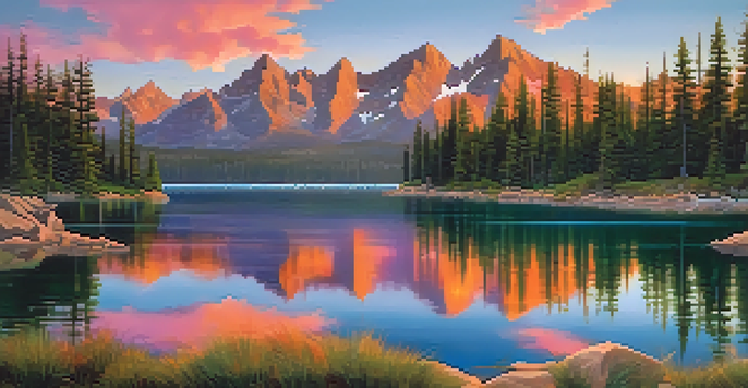 A picturesque view of the Rocky Mountains during sunrise, with colorful skies and a reflective lake.