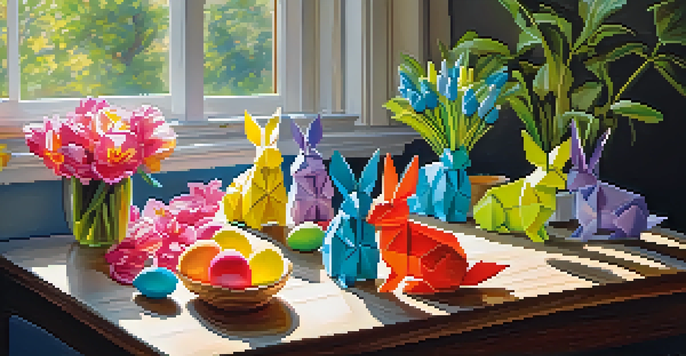 A colorful arrangement of origami bunnies and eggs on a wooden table, illuminated by sunlight with flowers in the background.