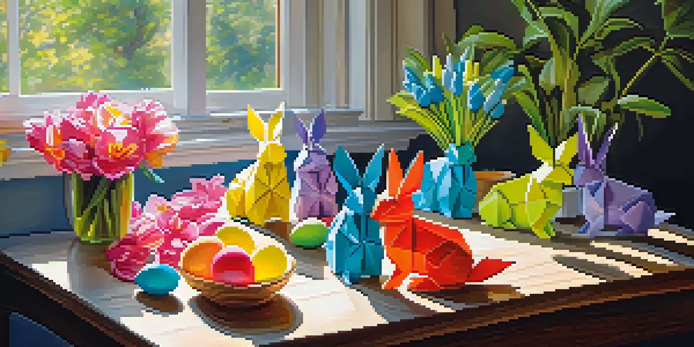 A colorful arrangement of origami bunnies and eggs on a wooden table, illuminated by sunlight with flowers in the background.
