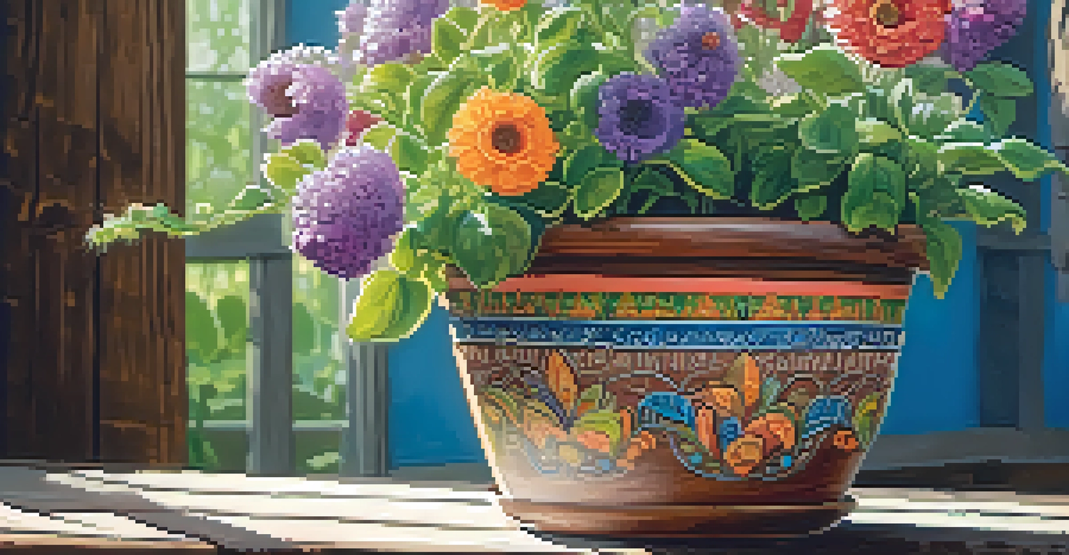 A hand-painted flower pot filled with blooming flowers, set on a rustic wooden table with soft sunlight creating gentle shadows.
