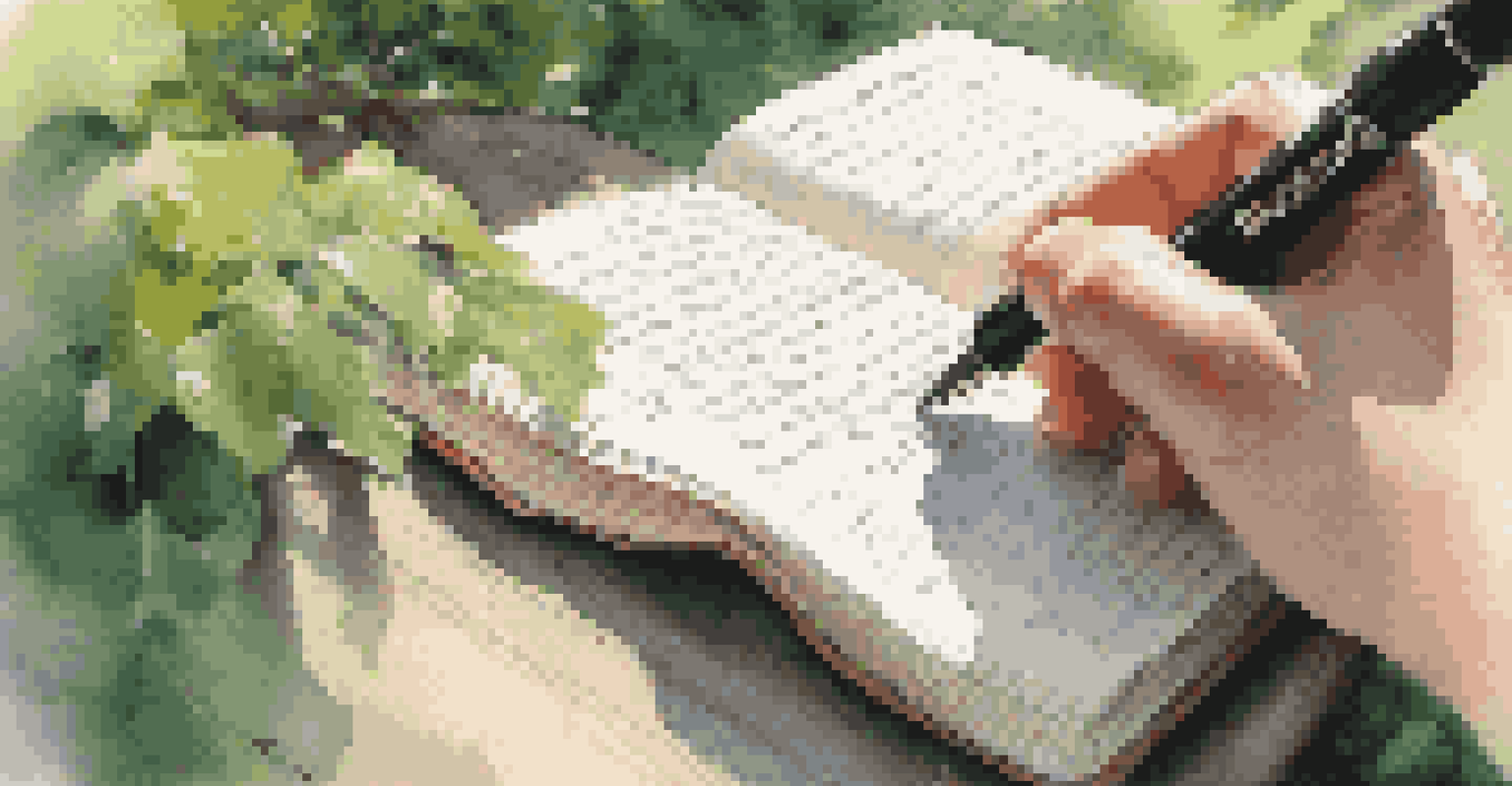 Close-up of hands writing in a journal with a fountain pen among greenery.