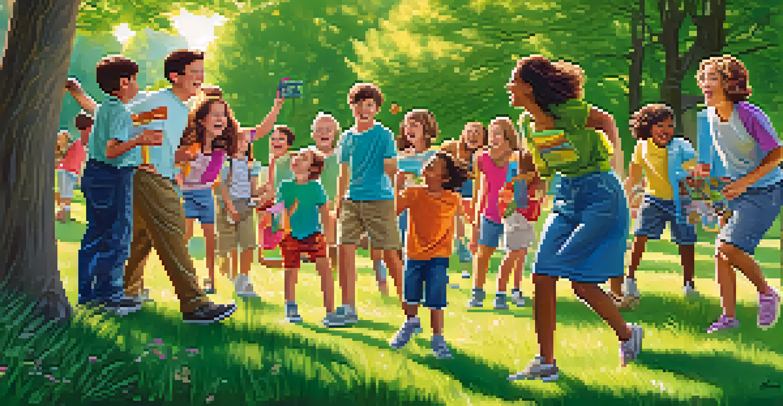 A family engaged in a scavenger hunt in a sunny park, searching for hidden items with clues and enjoying the outdoors.