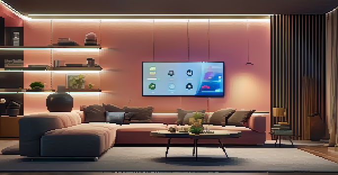 A modern living room with colorful smart lighting, showcasing a cozy sofa and a coffee table, creating a welcoming atmosphere.