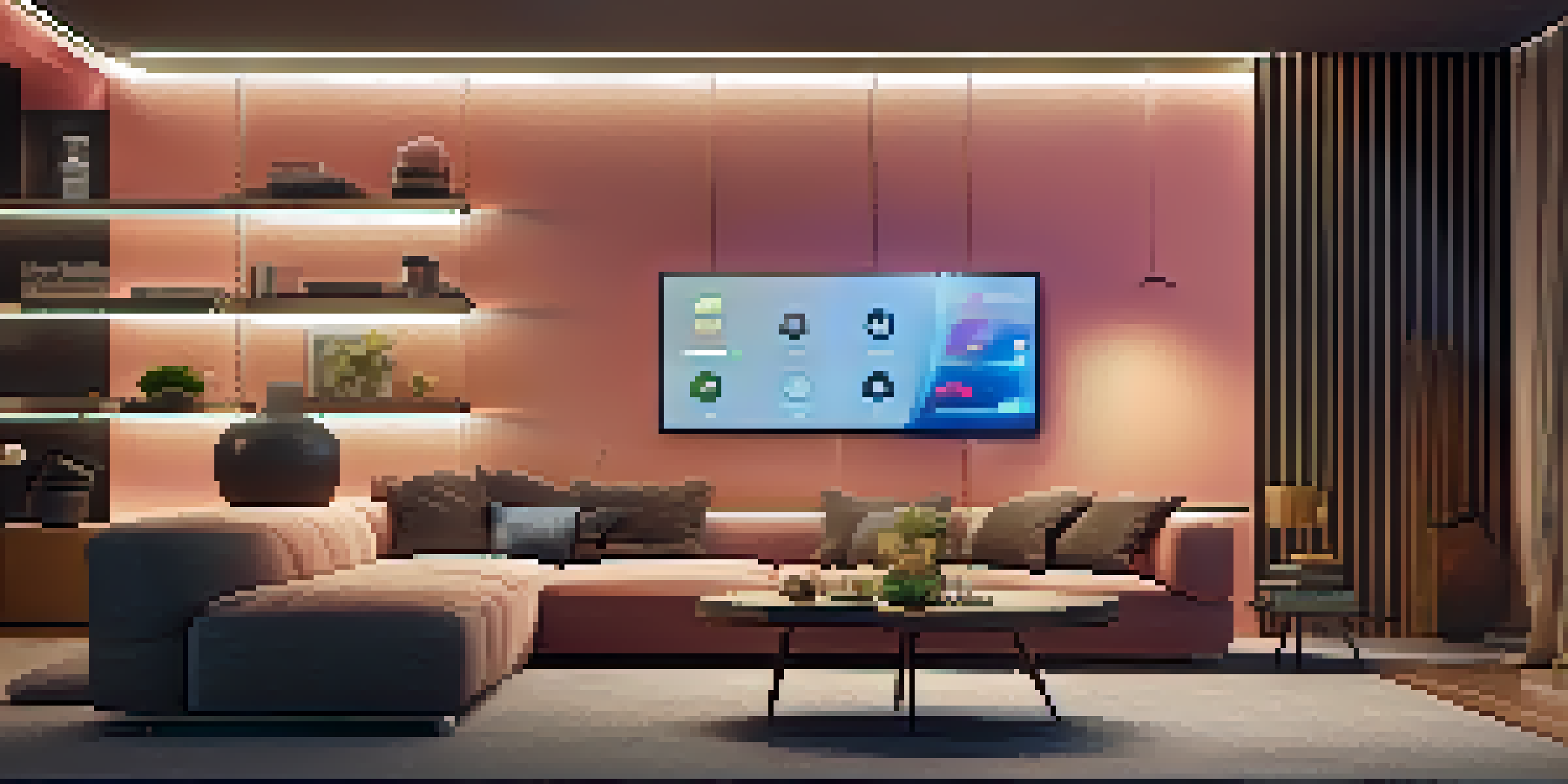 A modern living room with colorful smart lighting, showcasing a cozy sofa and a coffee table, creating a welcoming atmosphere.