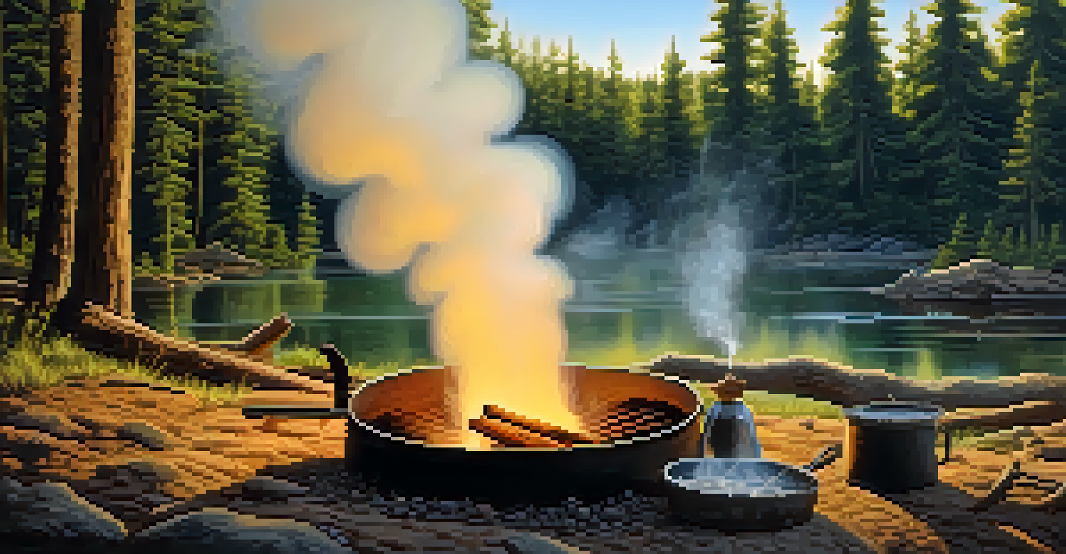 A person boiling water over a campfire in a forest with trees and blue sky.