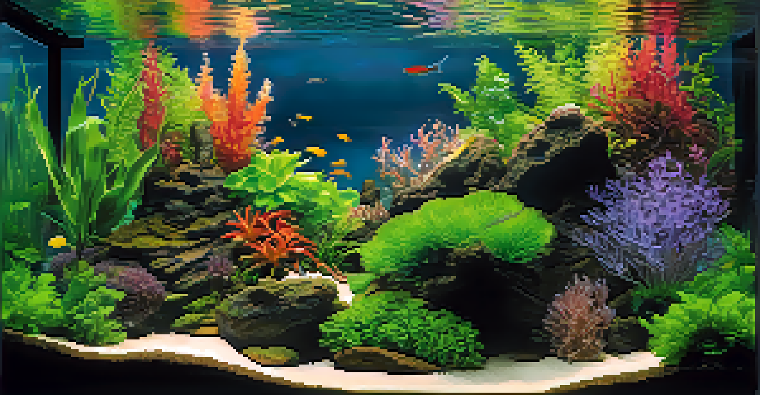 A detailed view of an aquascape with colorful plants and substrate in an aquarium.